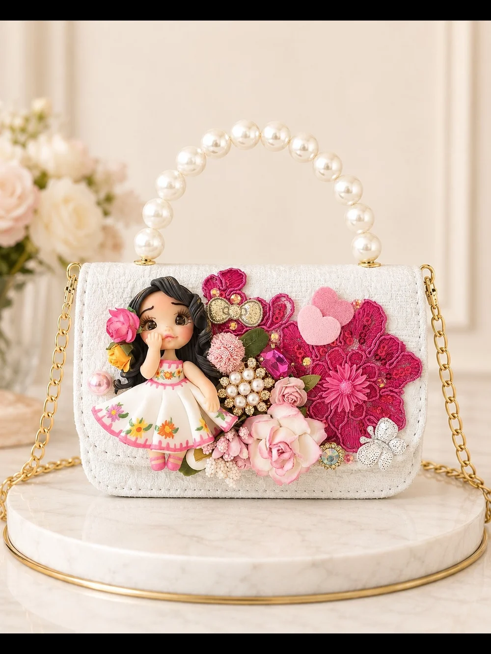 Handcrafted Pearl Handle Mini Bag With Clay Doll& Floral Applique.